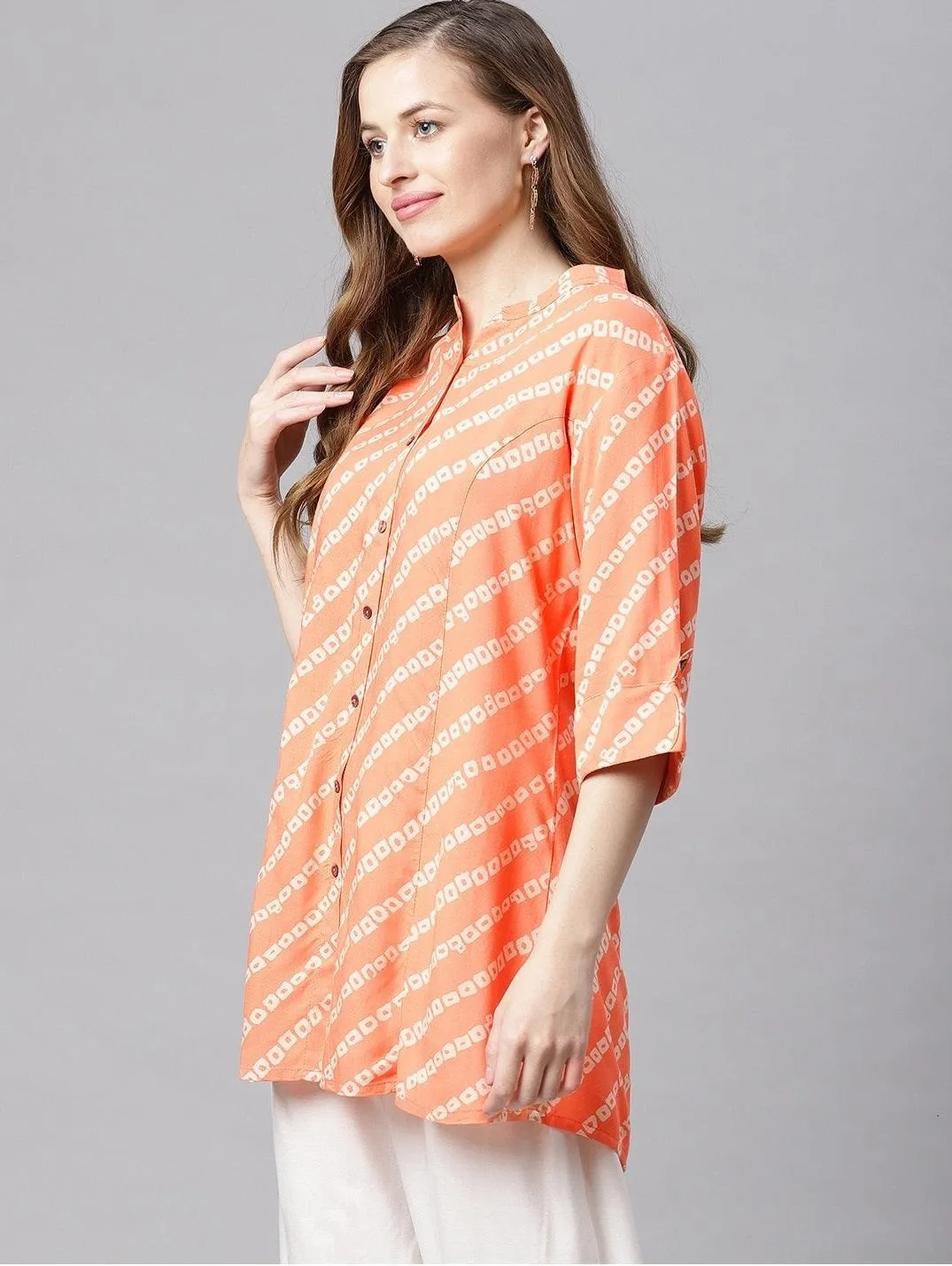 Jashvi Orange Bandhani Rayon A-line Shirt Style Top