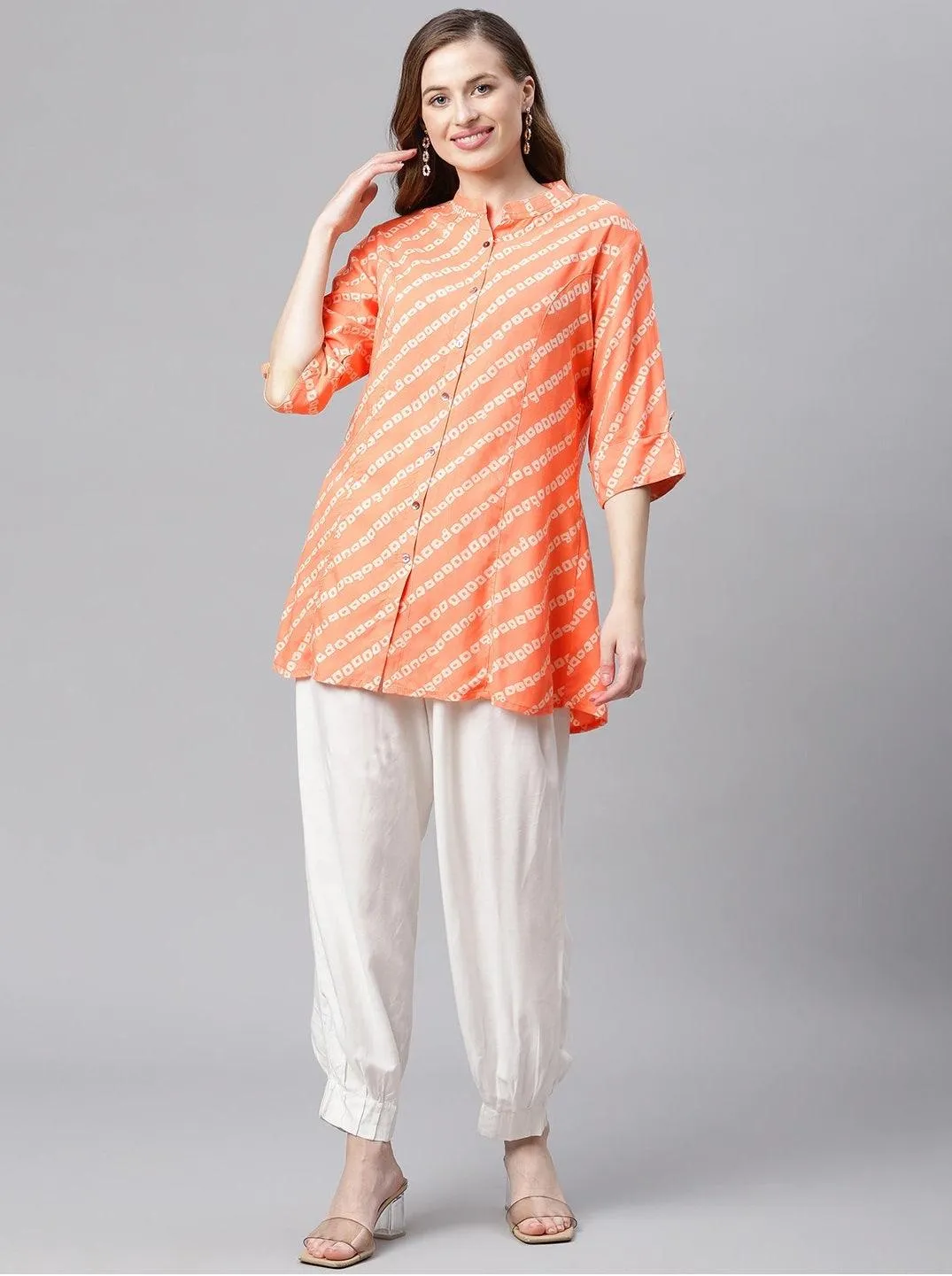 Jashvi Orange Bandhani Rayon A-line Shirt Style Top