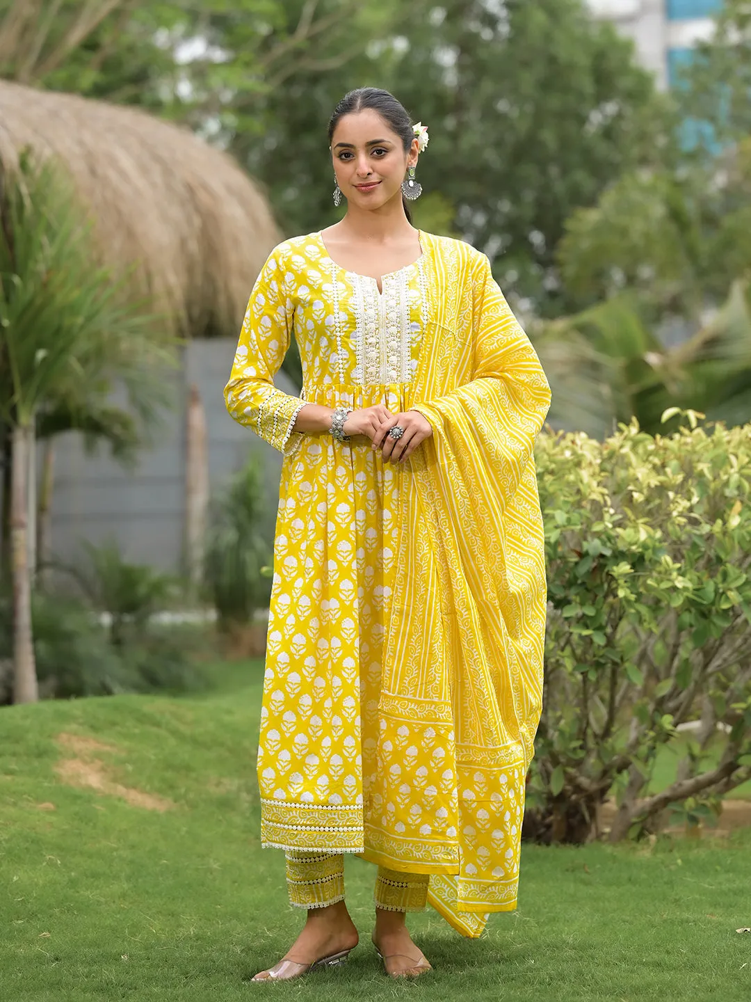 Jashvi Yellow Floral Print Cotton Kurta Pants with Dupatta set for women