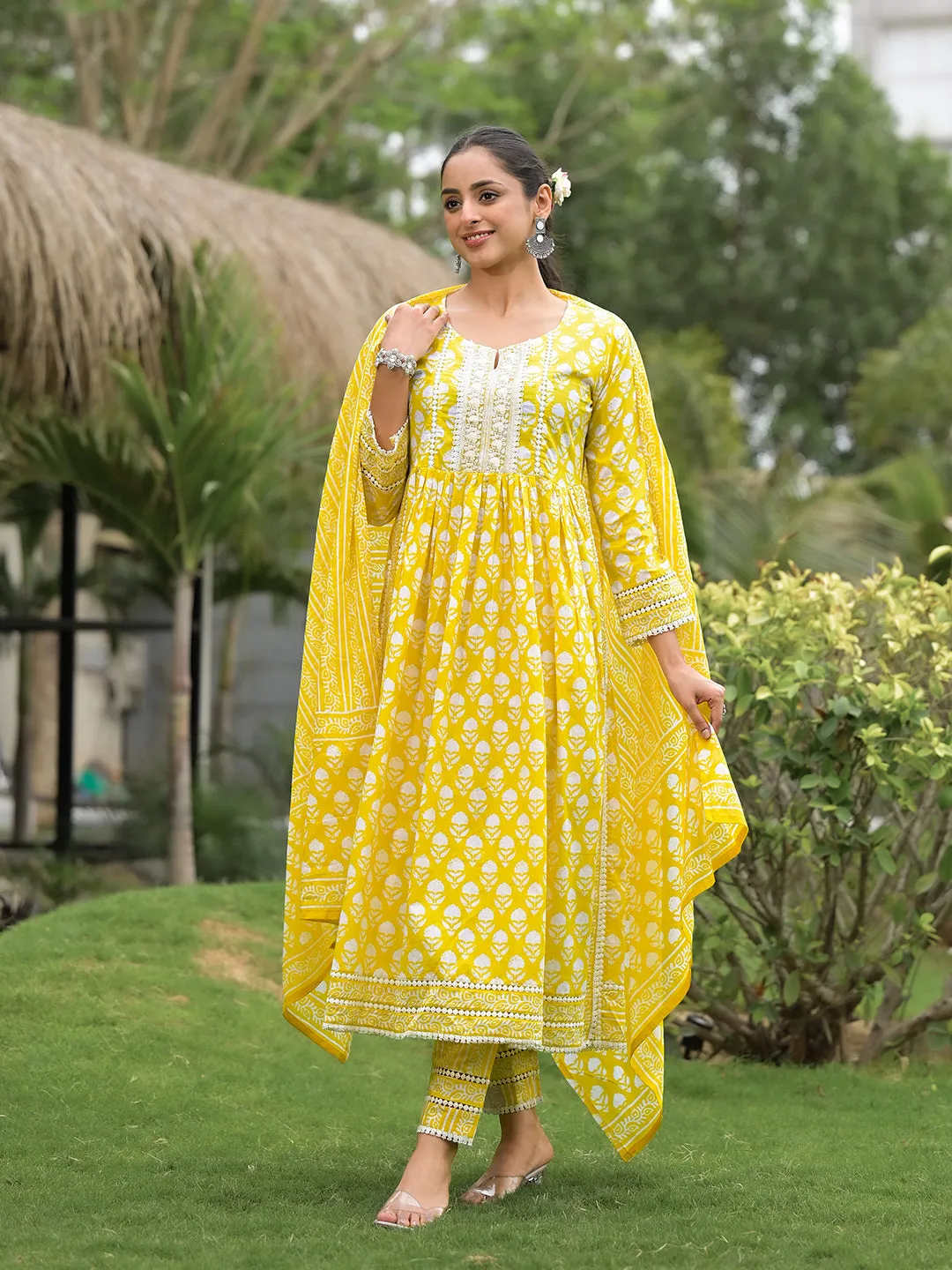 Jashvi Yellow Floral Print Cotton Kurta Pants with Dupatta set for women