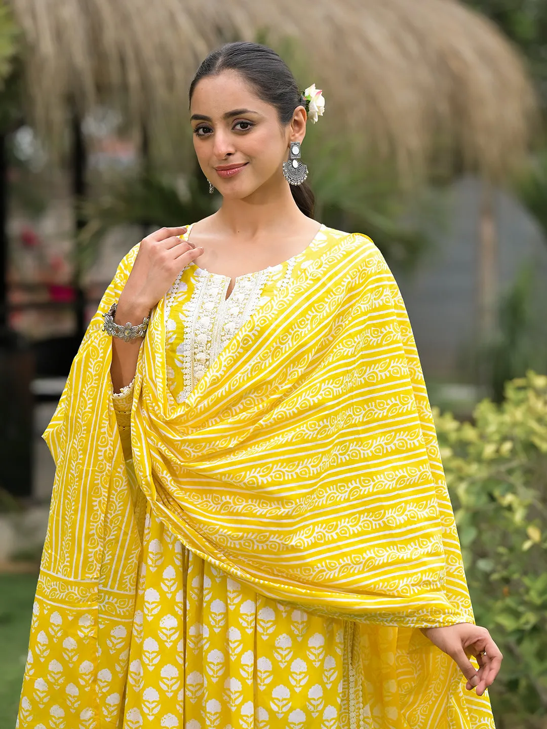 Jashvi Yellow Floral Print Cotton Kurta Pants with Dupatta set for women