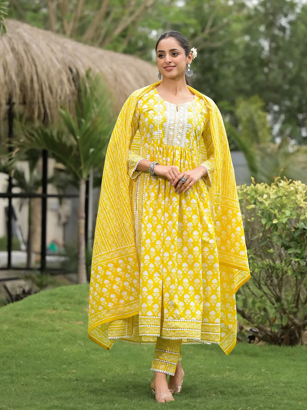 Jashvi Yellow Floral Print Cotton Kurta Pants with Dupatta set for women