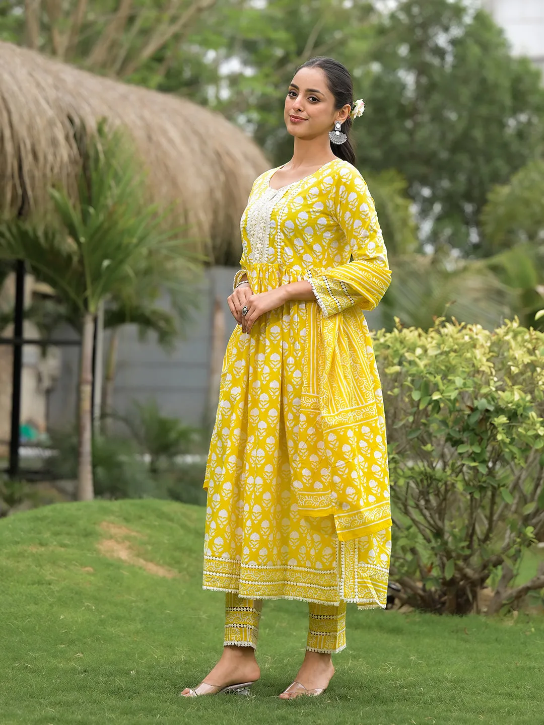 Jashvi Yellow Floral Print Cotton Kurta Pants with Dupatta set for women