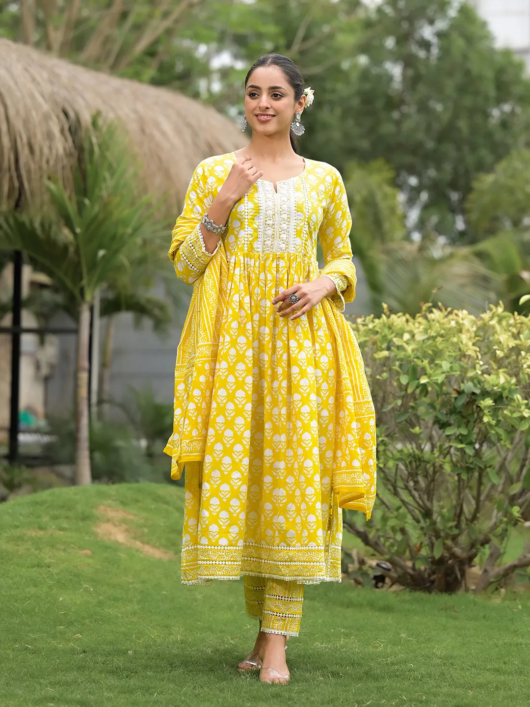 Jashvi Yellow Floral Print Cotton Kurta Pants with Dupatta set for women