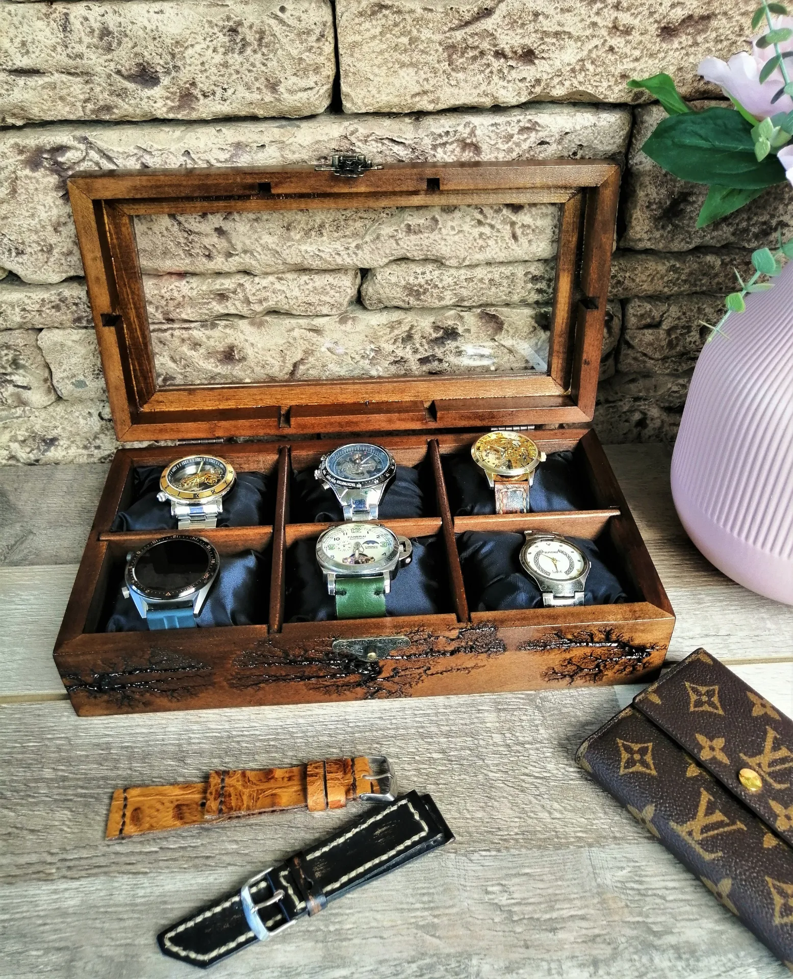 Luxury Wood Watch Box Organizer with 6 Dividers - Perfect Men's Gift