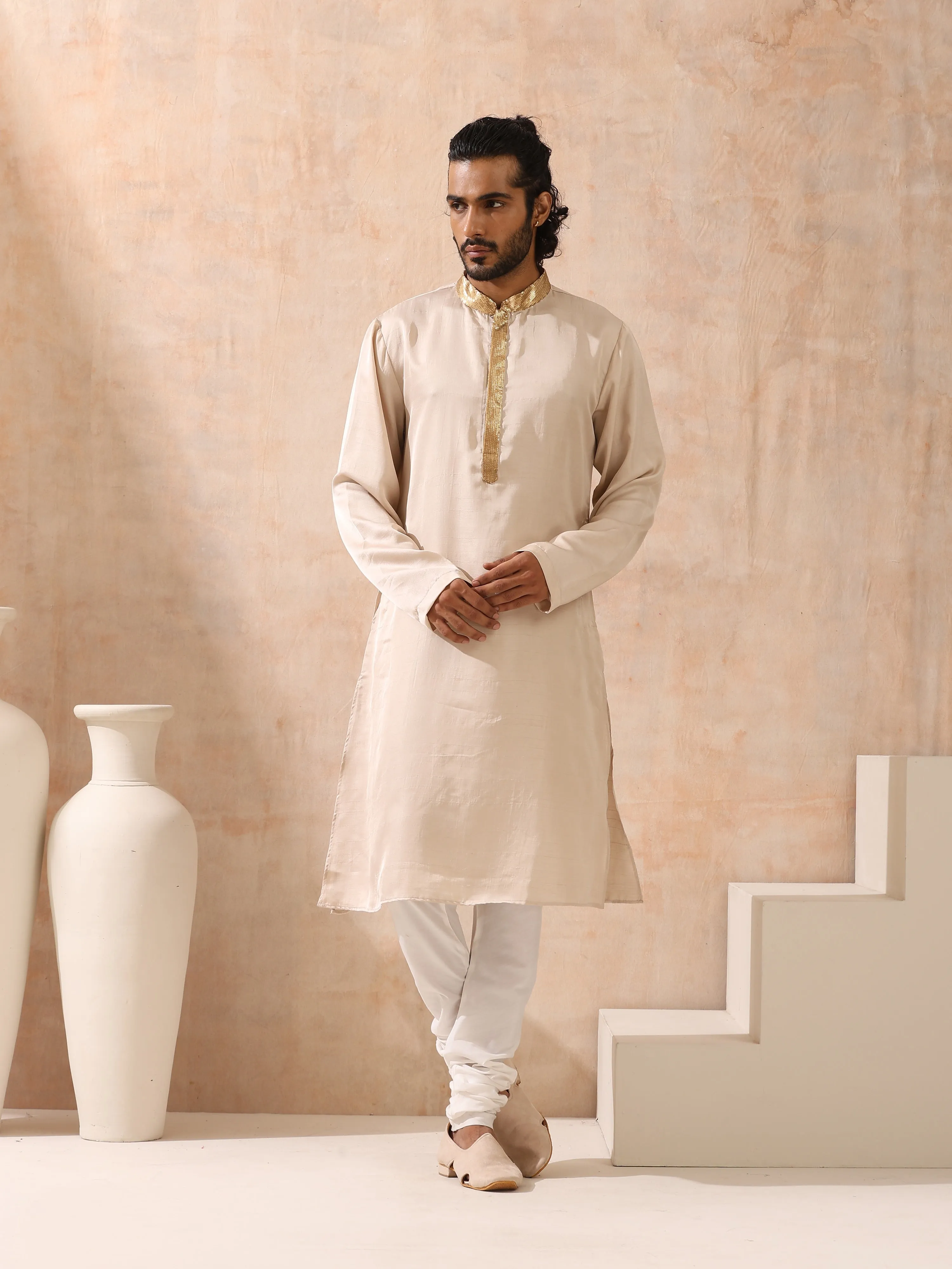 Mens Cream Kurta with Gold Sequin Placket and Collar