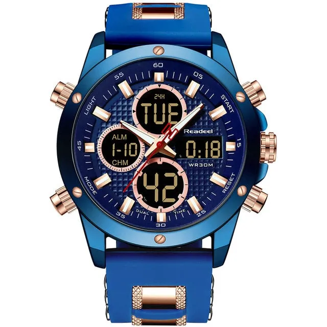 Mens Top Brand Luxury Chronograph Gold Men Watch Quartz Digital Led Sport Watch Waterproof Wristwatch