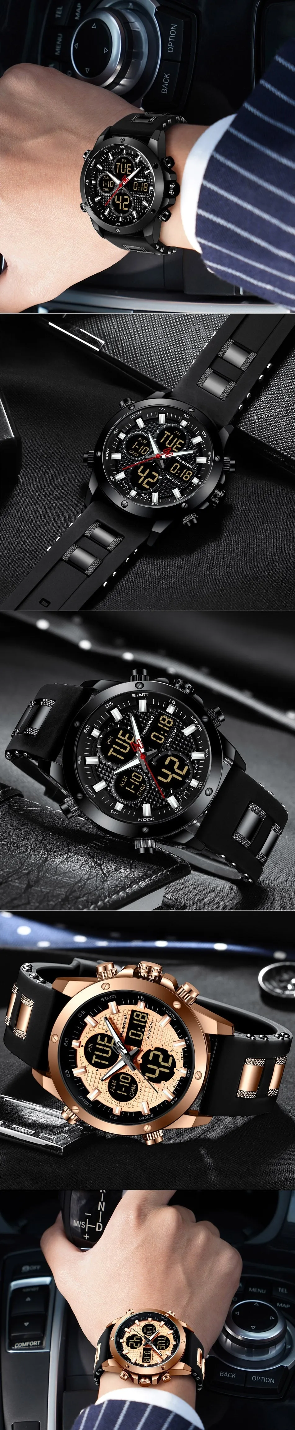 Mens Top Brand Luxury Chronograph Gold Men Watch Quartz Digital Led Sport Watch Waterproof Wristwatch