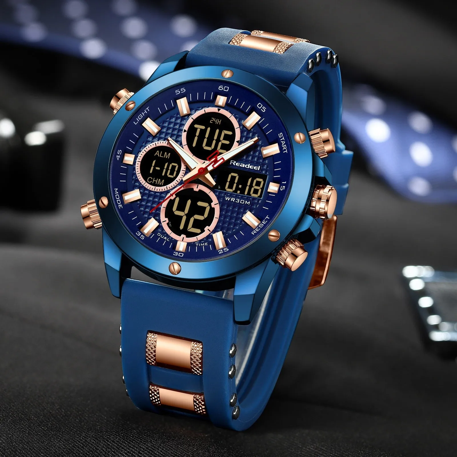 Mens Top Brand Luxury Chronograph Gold Men Watch Quartz Digital Led Sport Watch Waterproof Wristwatch