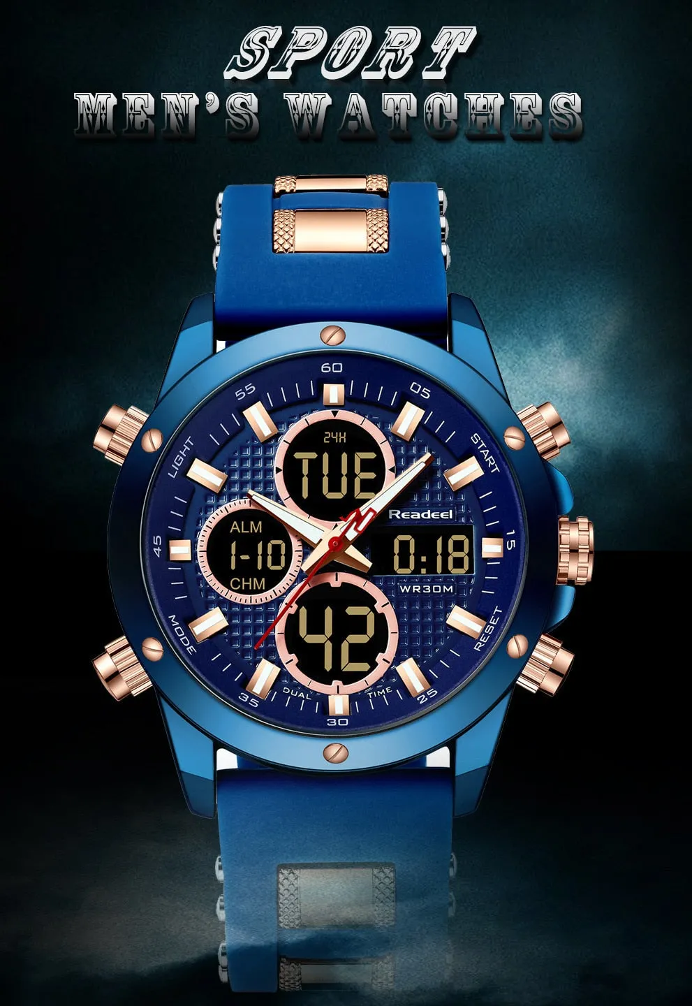 Mens Top Brand Luxury Chronograph Gold Men Watch Quartz Digital Led Sport Watch Waterproof Wristwatch