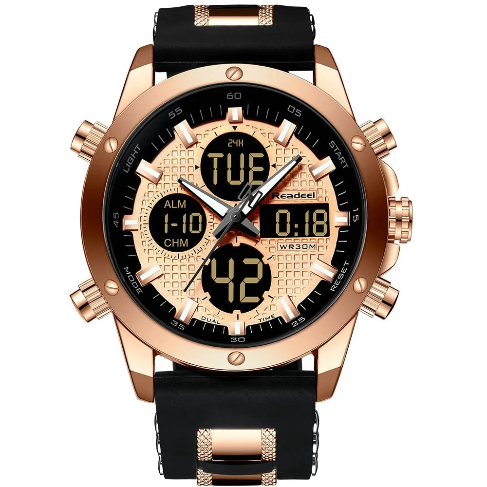 Mens Top Brand Luxury Chronograph Gold Men Watch Quartz Digital Led Sport Watch Waterproof Wristwatch