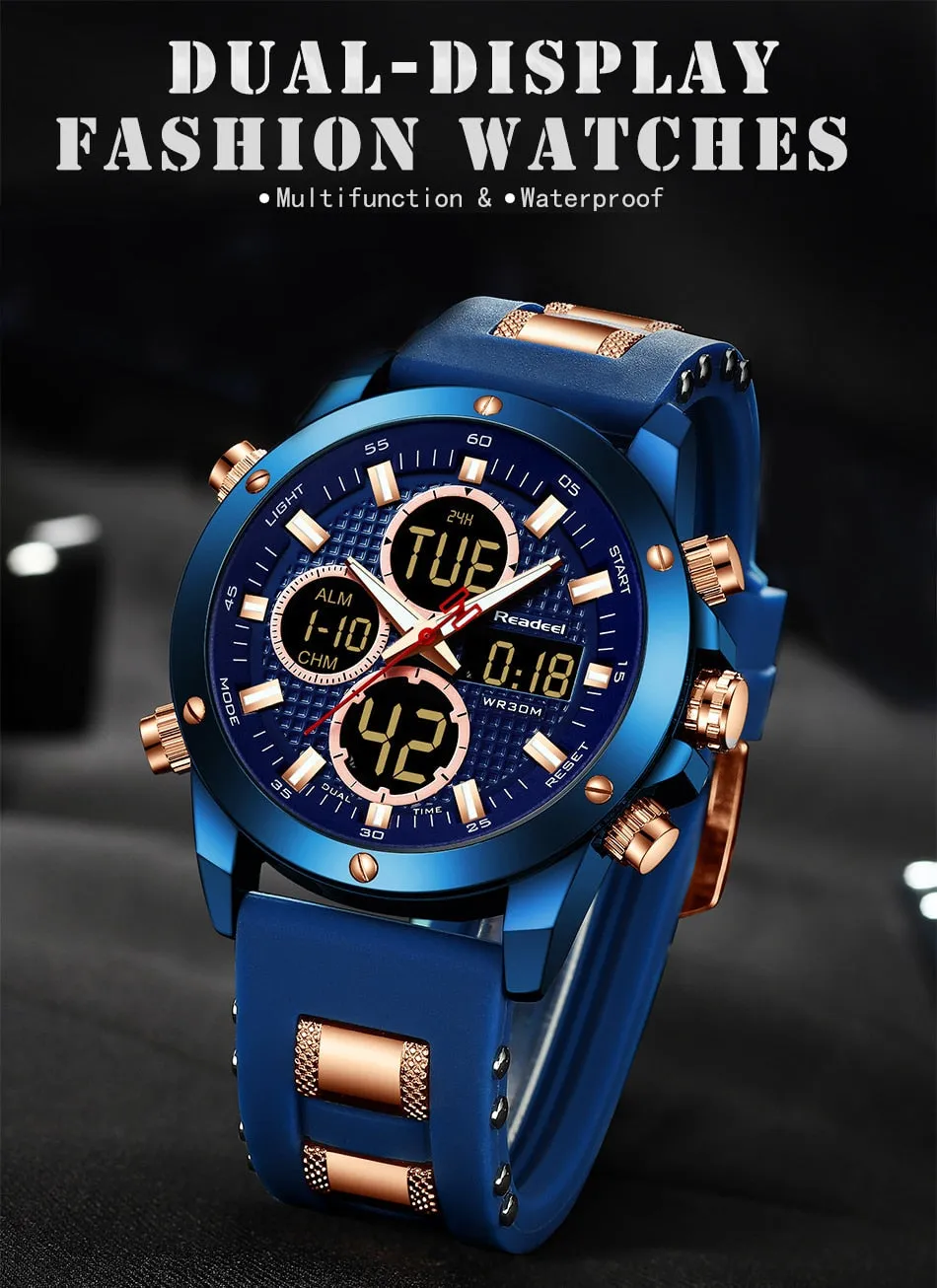 Mens Top Brand Luxury Chronograph Gold Men Watch Quartz Digital Led Sport Watch Waterproof Wristwatch