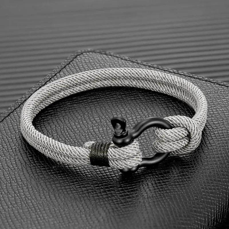 MKENDN Men Women Navy Blue Marine Sailor Rope Nautical Survival Shackle Bracelet Black Stainless Steel Wrap Metal Sport Hooks