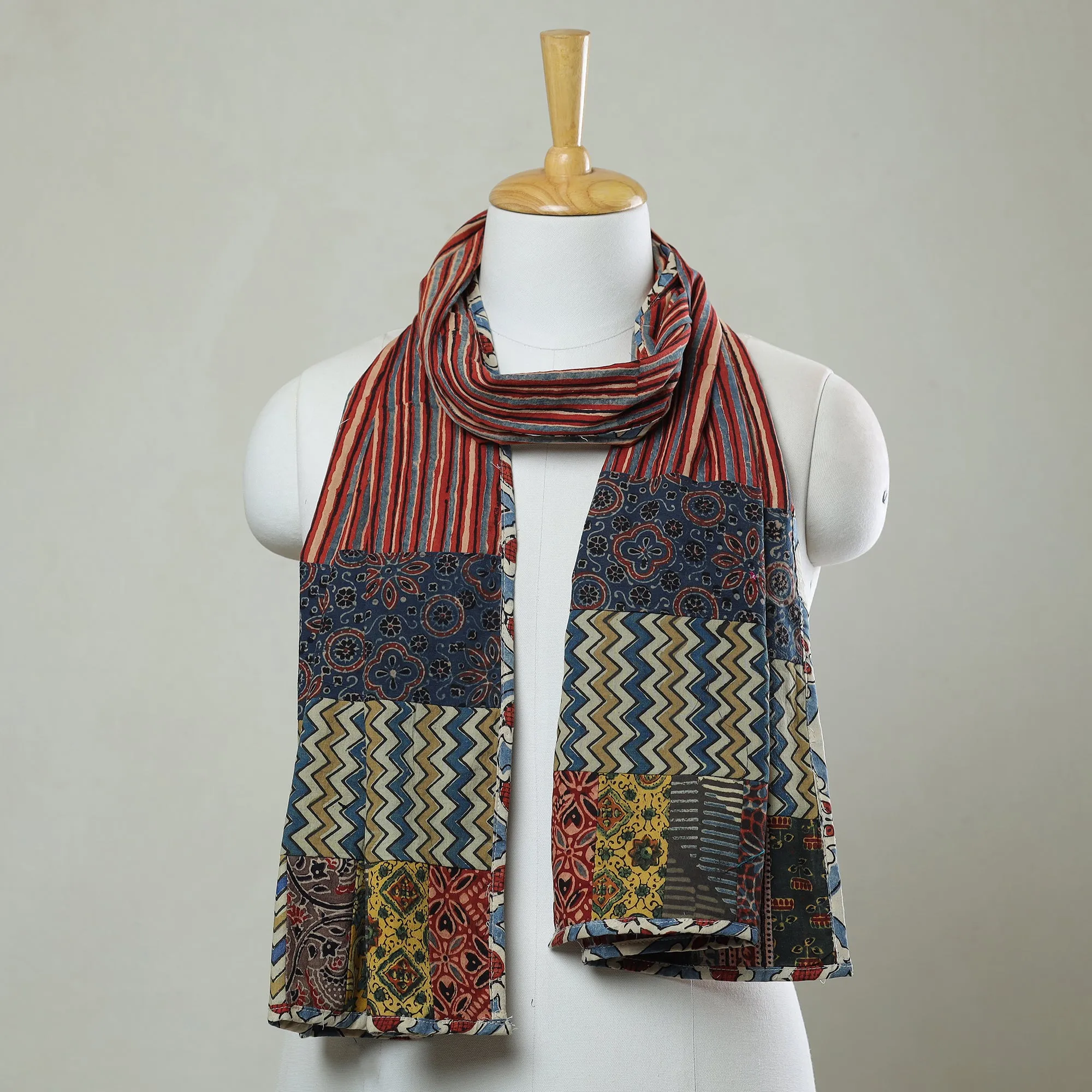 Multicolor - Patchwork Cotton Stole in Ajrakh Block Prints 27