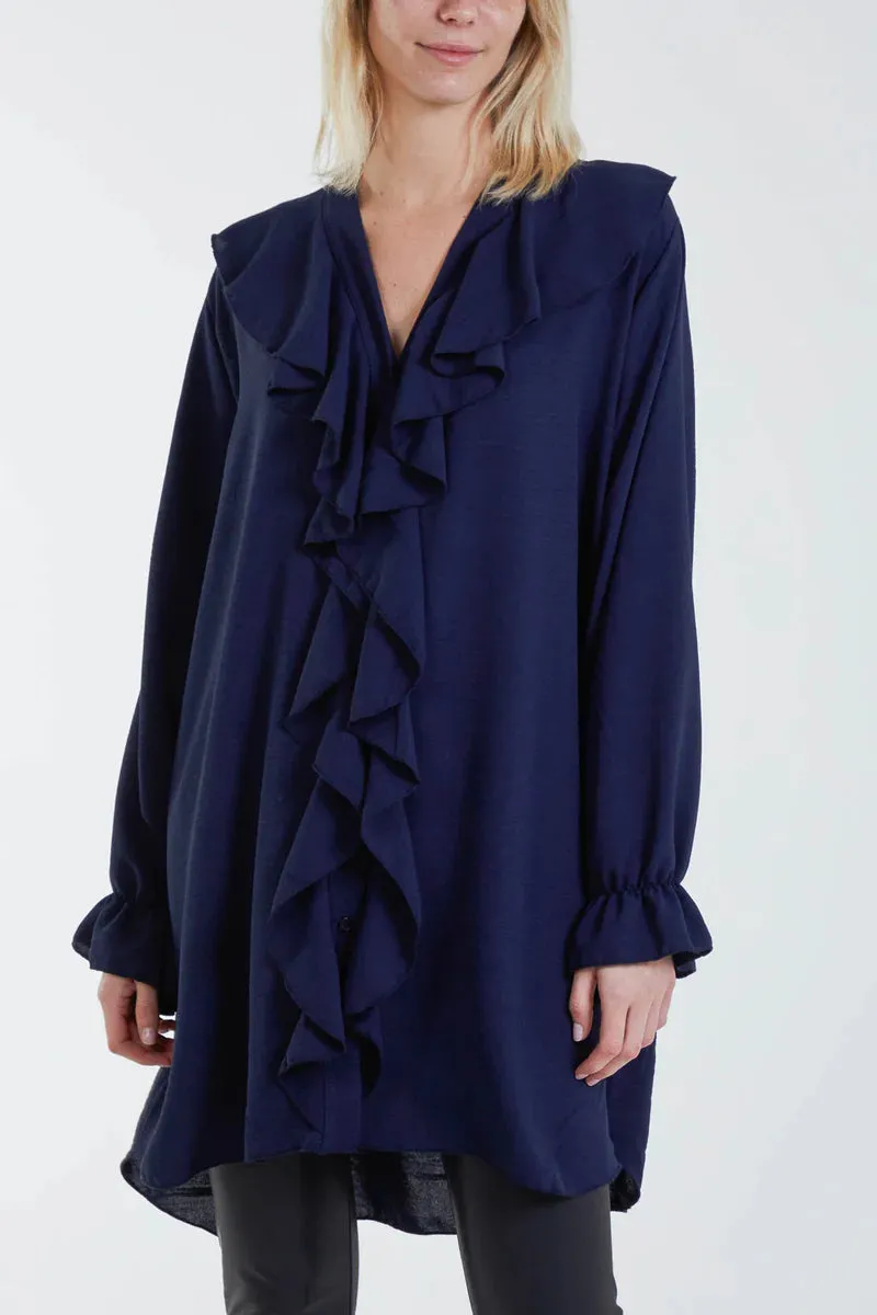 Navy Livia Sheer Ruffle Trim Oversized Shirt