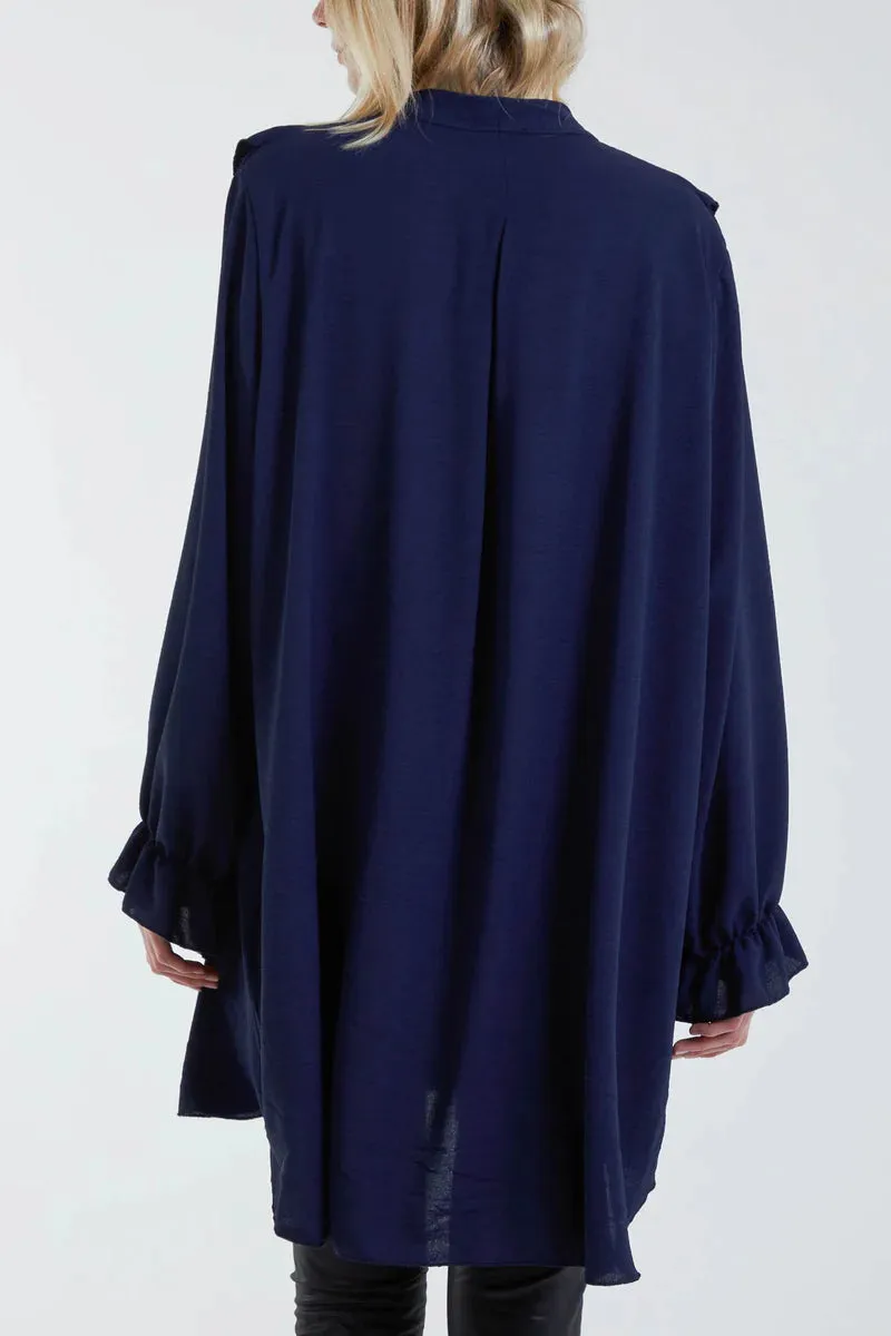 Navy Livia Sheer Ruffle Trim Oversized Shirt