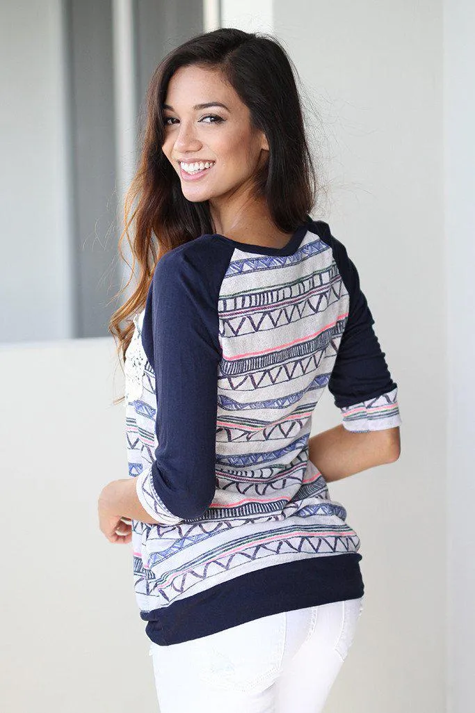 Navy Printed Top With Crochet Pocket