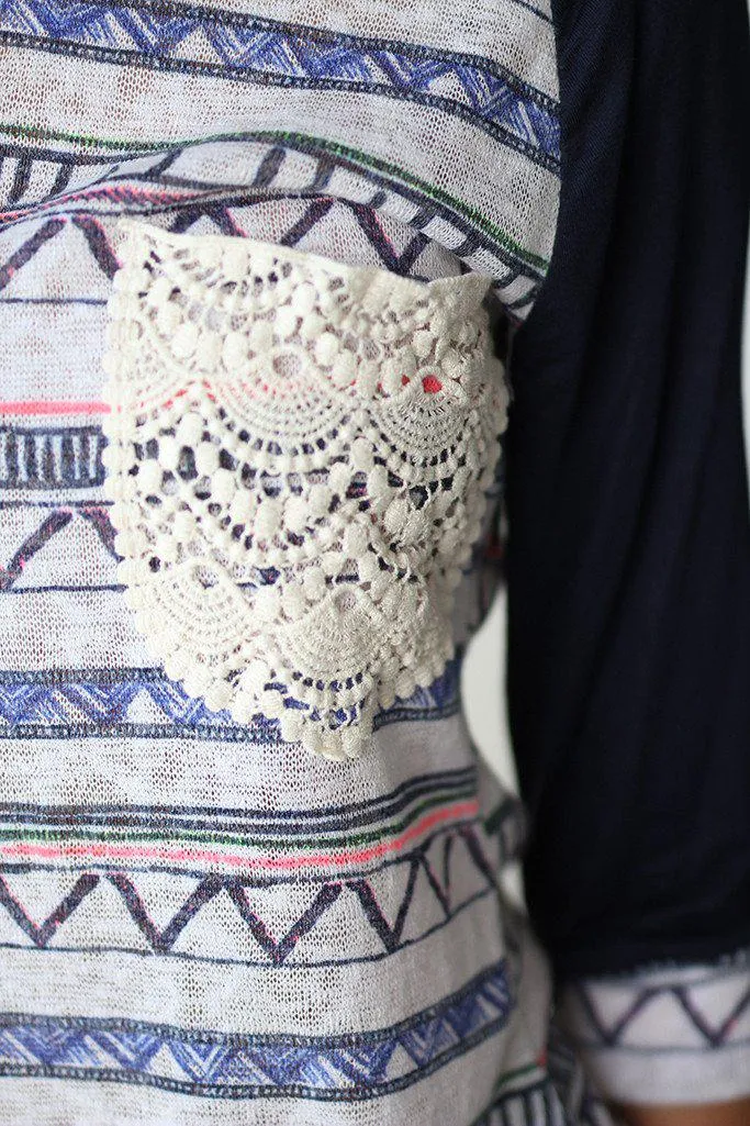 Navy Printed Top With Crochet Pocket