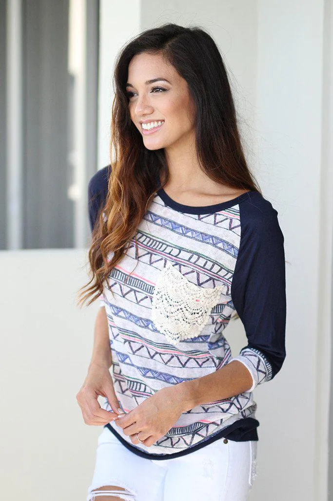 Navy Printed Top With Crochet Pocket