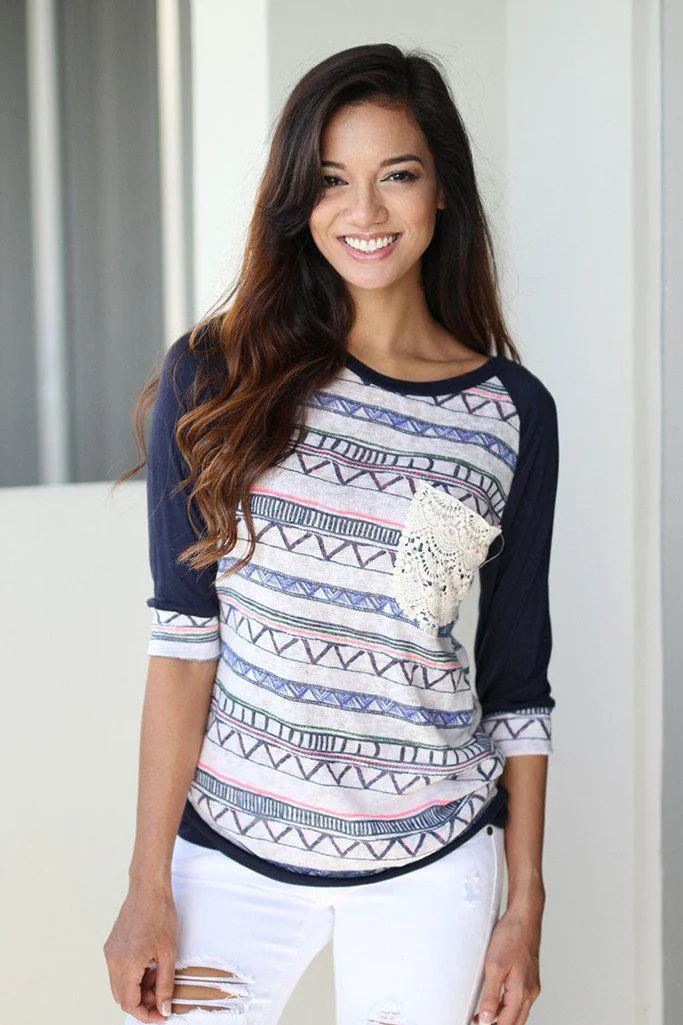 Navy Printed Top With Crochet Pocket