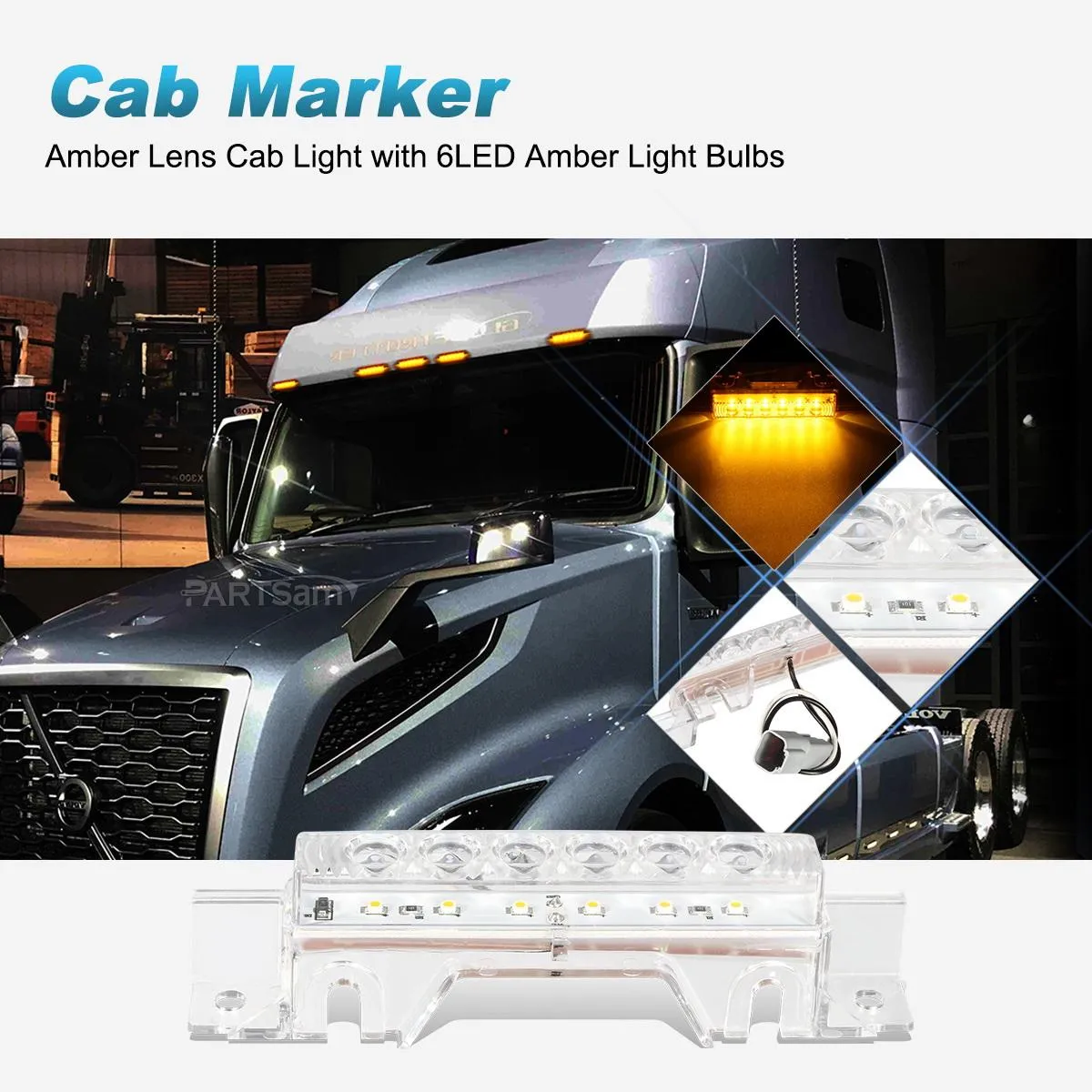 Partsam 5PCS Clear Lens 6LED Amber Cab Light Truck Trailer Top Cab Marker Roof Running Light Waterproof Reflective Lights Assembly Compatible with 2004 VN/2003-2020 VNL Trucks