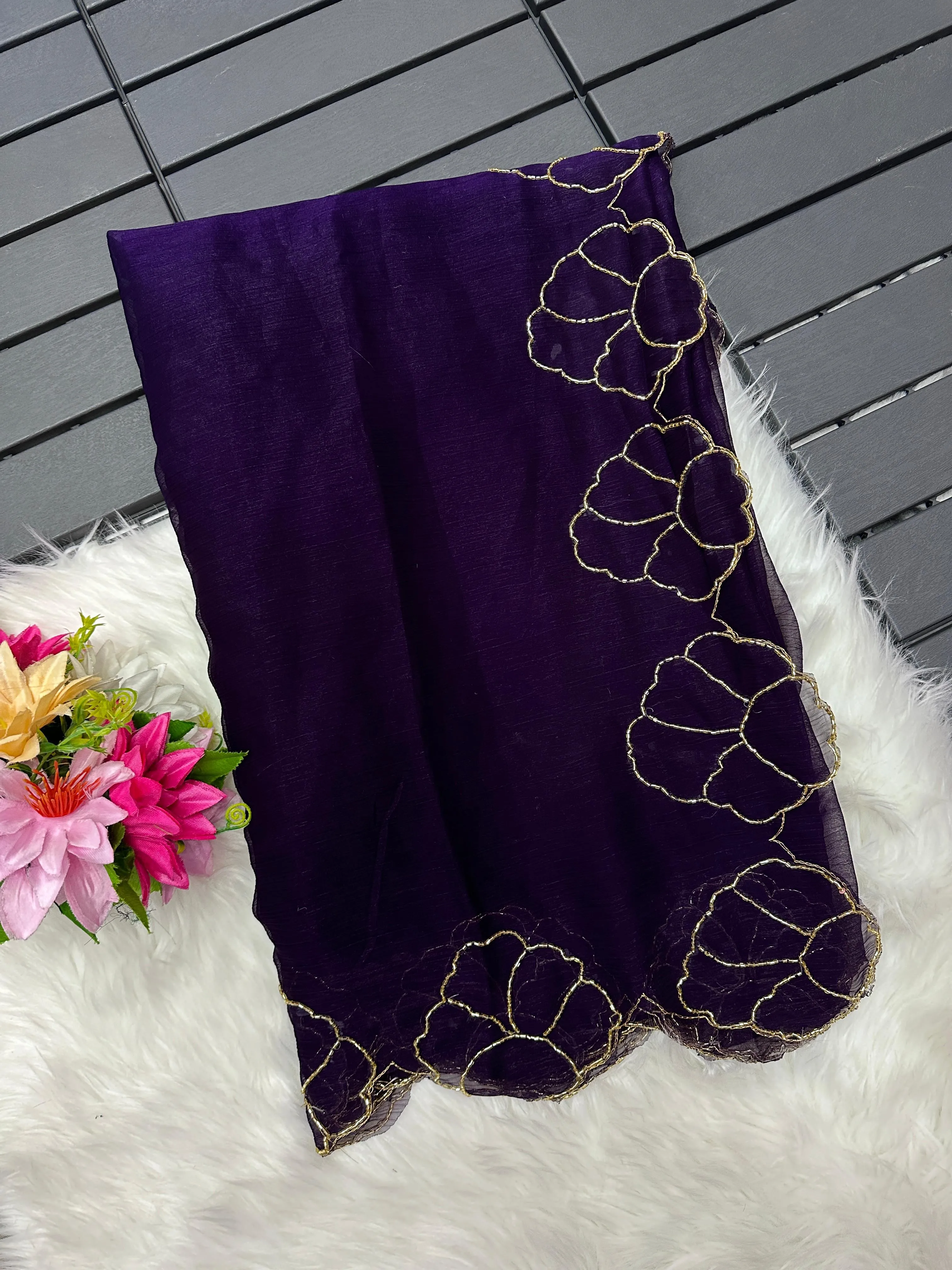 Purple Lotus Jari Silk Saree with Exquisite Golden Handwork & Running Blouse