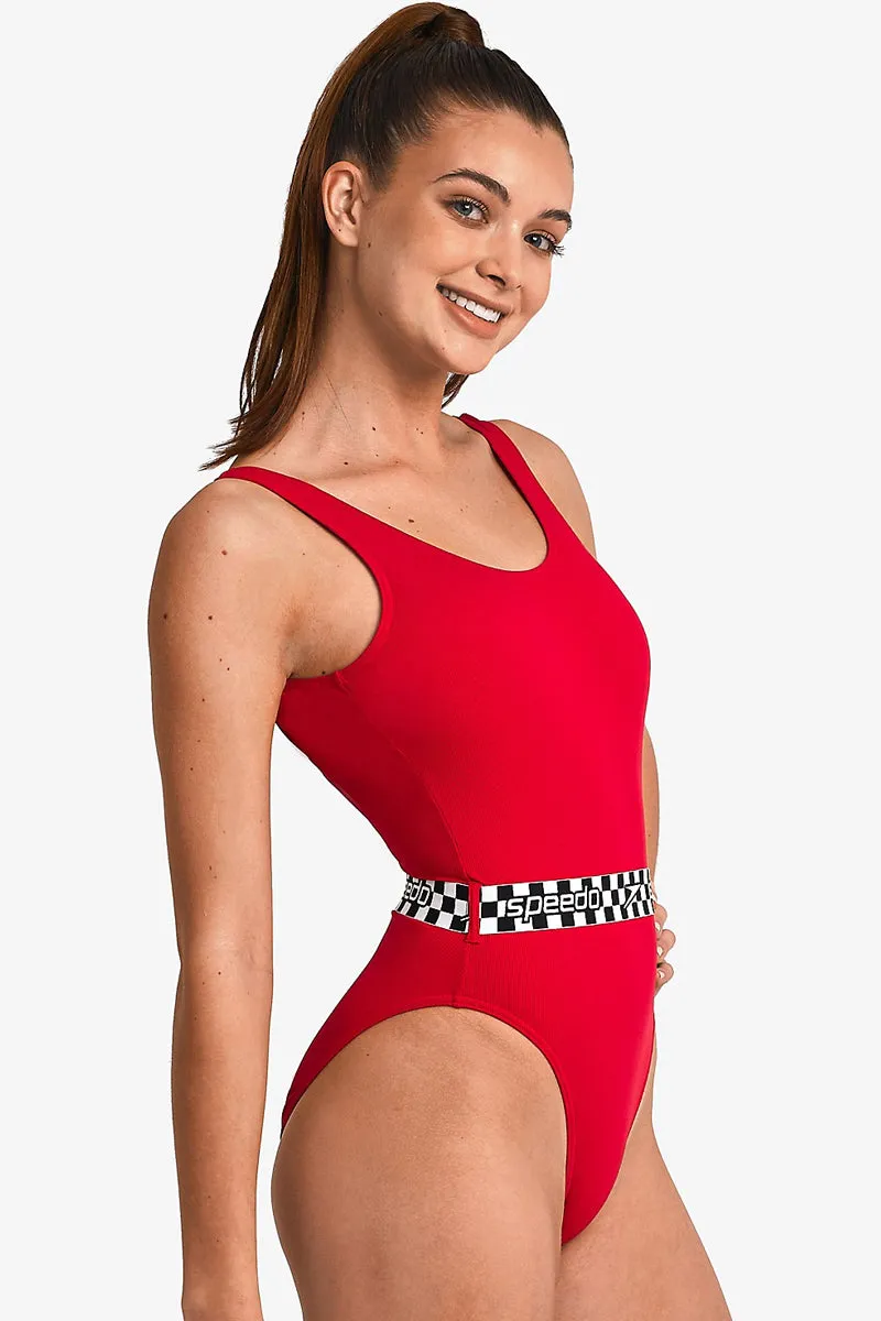 Speedo - Womens Belted Deep U-Back Swimsuit - Red