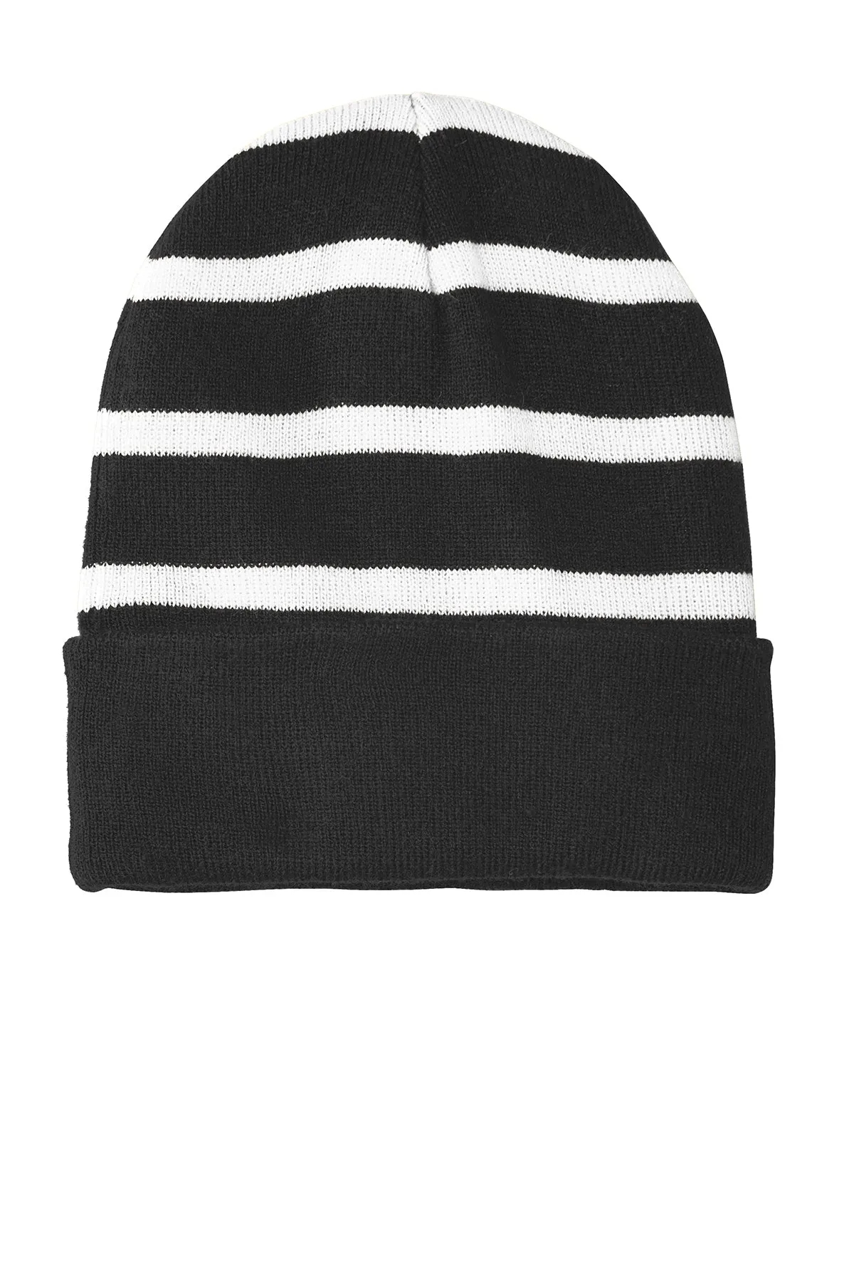 Sport-Tek Striped Customized Beanies with Solid Band, Black/ White