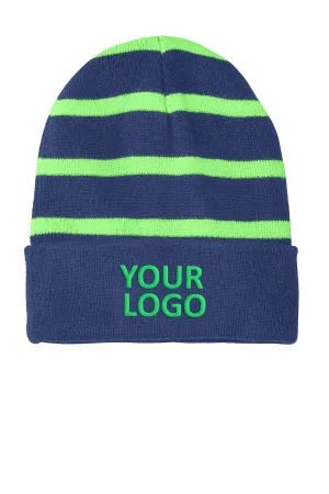 Sport-Tek Striped Customized Beanies with Solid Band, Team Navy/ Flash Green