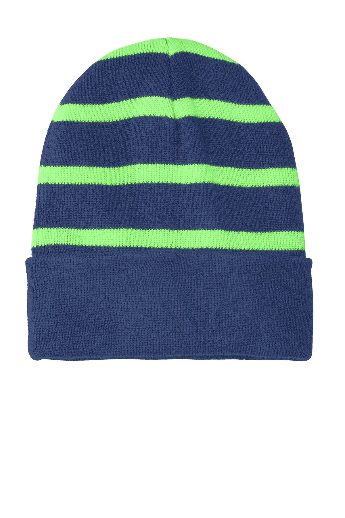 Sport-Tek Striped Customized Beanies with Solid Band, Team Navy/ Flash Green