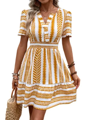 TEEK - Mustard Geometric Notched Short Sleeve Dress