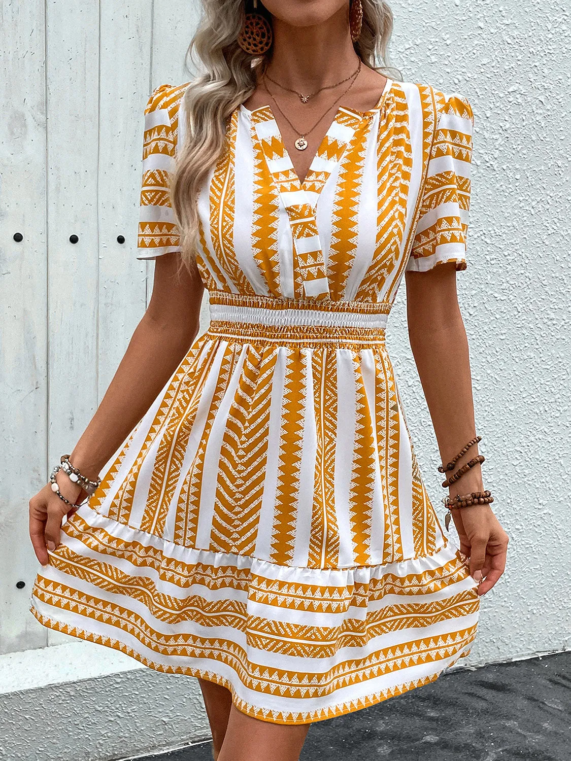 TEEK - Mustard Geometric Notched Short Sleeve Dress