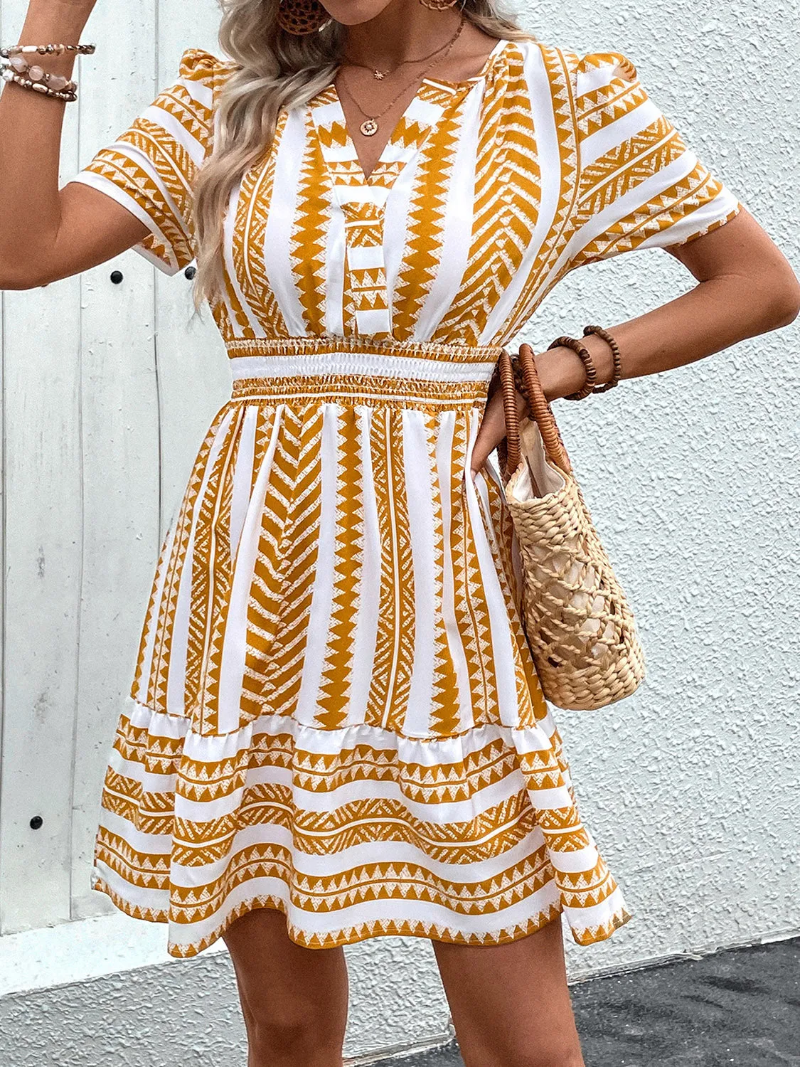 TEEK - Mustard Geometric Notched Short Sleeve Dress