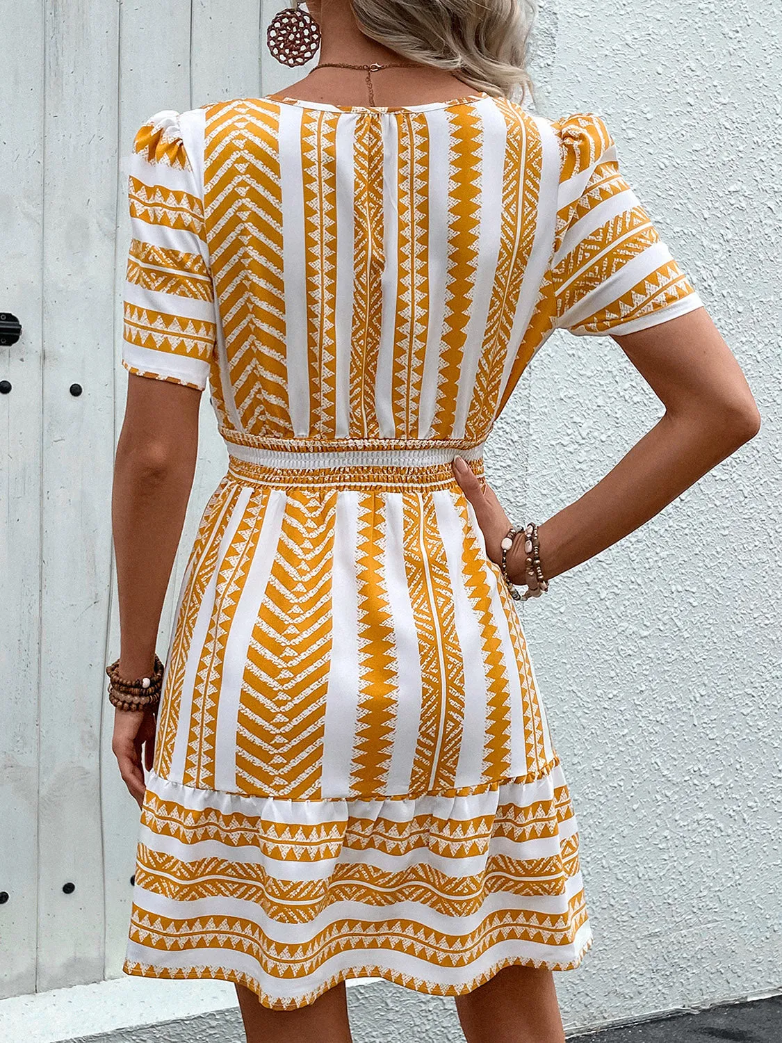 TEEK - Mustard Geometric Notched Short Sleeve Dress