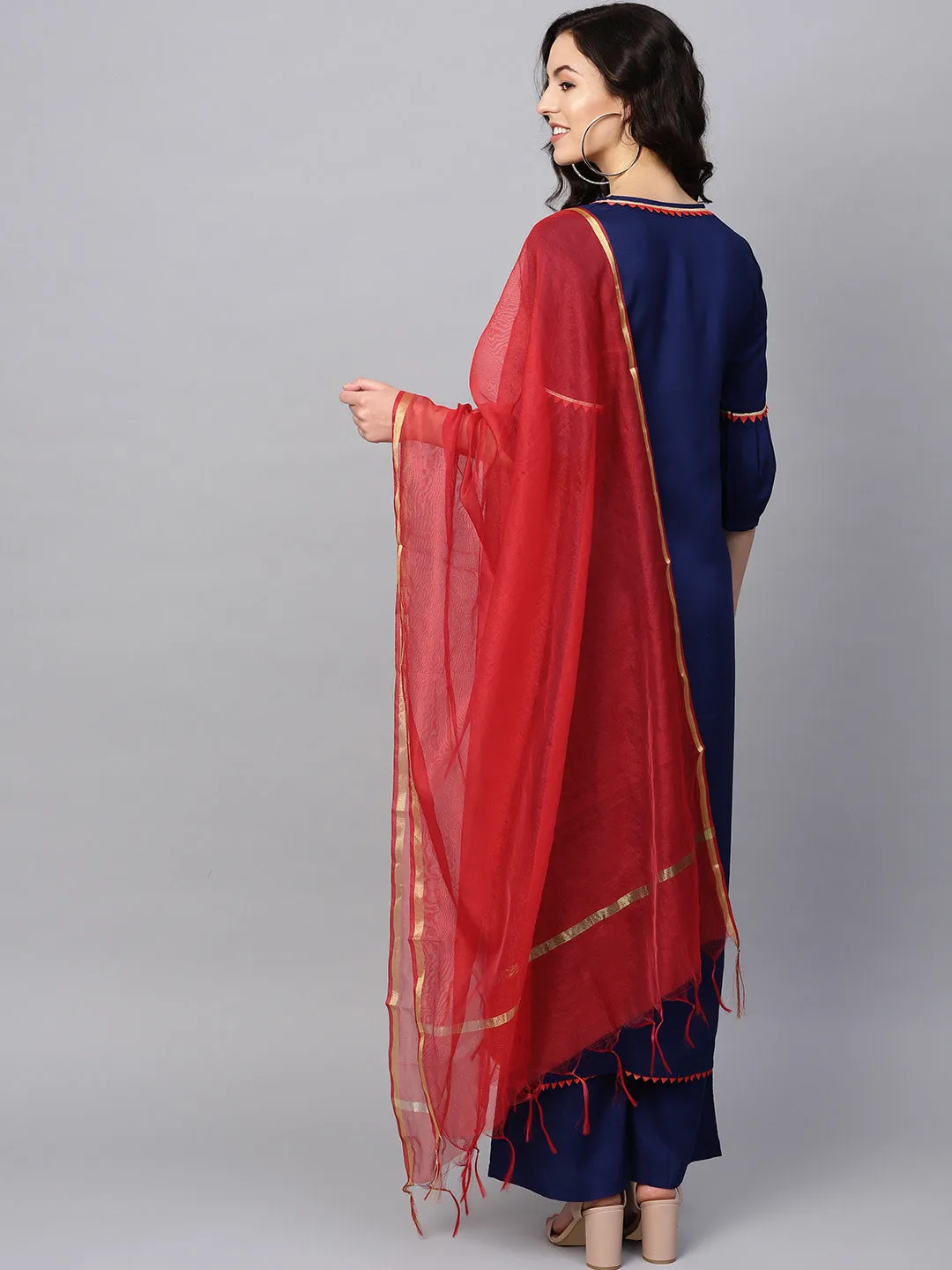 Women Navy Blue Solid Kurta With Palazzos And Dupatta