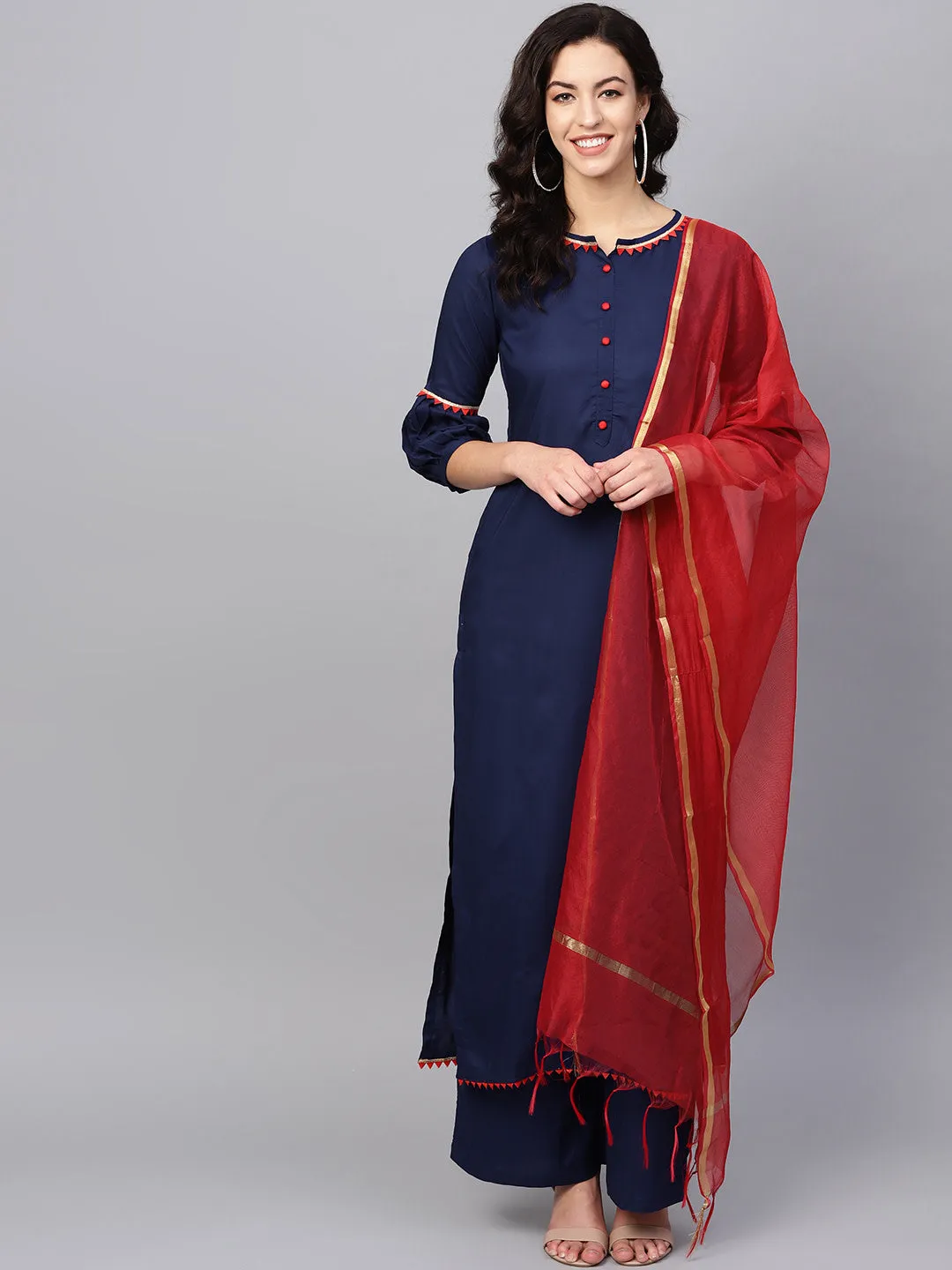 Women Navy Blue Solid Kurta With Palazzos And Dupatta