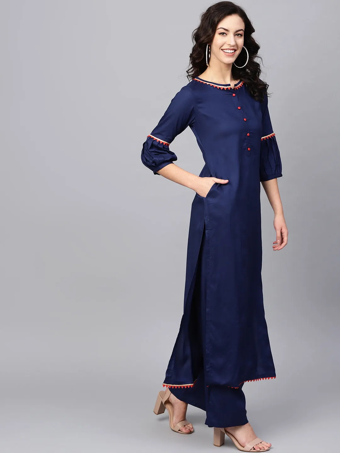 Women Navy Blue Solid Kurta With Palazzos And Dupatta